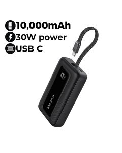 Anker Zolo Power Bank 10K, 30W, Built-In USB-C Cable - Black | A1688H11