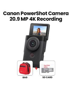 Canon PowerShot V10 Camera 20.9MP with Face Tracking, Built-in Stand, 4K Recording, Tilt-up Screen - Black + Bag (LP37067-0WW) + 32GB SD Card (SDSQUNR-032G-GN3MA)