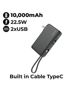 Moxedo Porta-Go 10000mAh Power Bank with AC Plug, USB-C Cable & 2 Travel Adapters - Black | MX-PB013