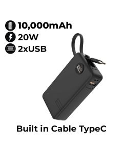 Moxedo 10000mAh Porta-Go Power Bank with Built-in Type-C Cable - Black | MX-PB017