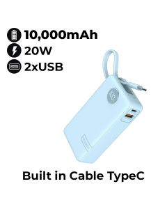 Moxedo 10000mAh Porta-Go Power Bank with Built-in Type-C Cable - Blue | MX-PB017