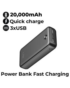 Moxedo 20000mAh Power Bank with Type-C & 2 USB-A Ports - Black | MX-PB012