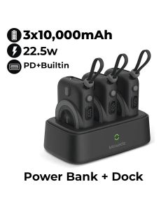 Moxedo 3*10,000mAh Wireless Charging Power Bank with Built-in Type-C Cable & Charging Dock - Black | MX-PBH035-DS