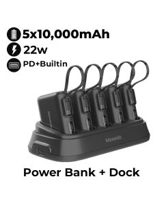 Moxedo 5*10,000mAh Power Bank with PD, Built-in Type-C Cable & Charging Dock - Black | MX-PBH038-DS