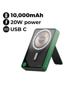 Momax Power X Pro+ 10000mAh Magnetic Wireless Power Bank with Stand and Built-in USB-C Cable - Green |IP132HKG