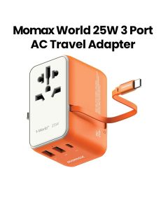 Momax World 25W 3-Port with Built-In USB-C Cable AC Travel Adapter - Orange |UA20M