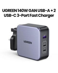 UGREEN 140W GAN USB-A + 2 USB-C 3-Port Fast Charger with C to C Cable 1.5M - Grey | UG-AC-3PORT-140W-CD289