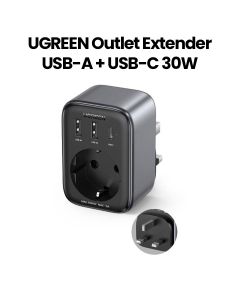 UGREEN 30W USB-A + USB-C PD Charger Stop Kontakt Outlet Extender - Black | UG-AC-30W-EXTNDER-CD314