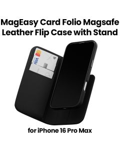 MagEasy Magsafe Leather Flip Phone Case with Stand for iPhone 16 Pro Max Black| MPH67P263BK24