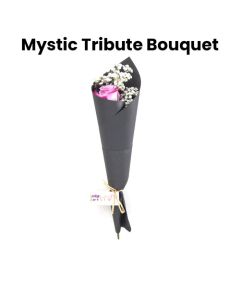 A Bouquet Of Single Purple Roses With Gypsophilla Wrapped With Black Wrapping With Teacher's Day Card