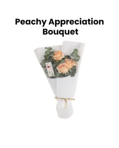 A Hand Bouquet Of Peach Roses And Eucalyptus Leaves Wrapped With White Wrapping With Teacher's Day Card