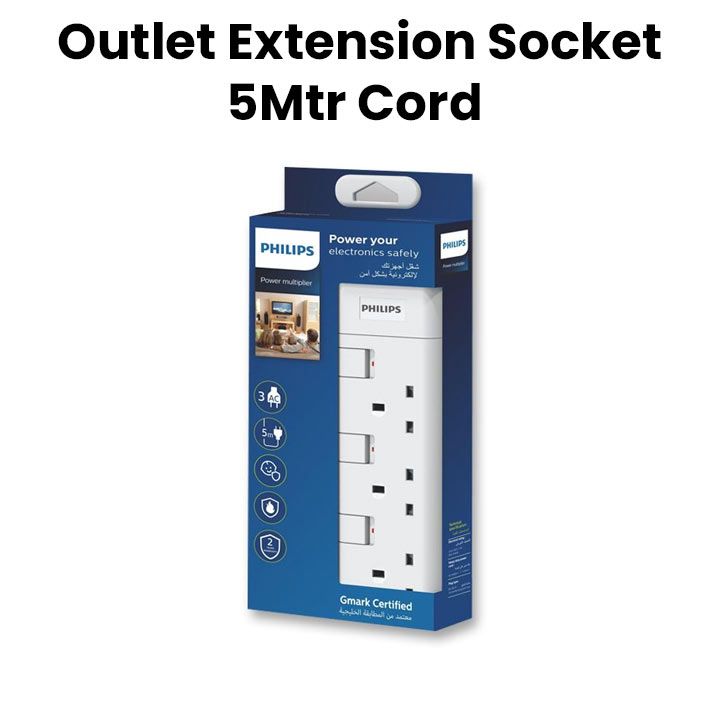 Philips 3-Way Outlet Extension Socket Individual Switch UK Plug 5Mtr Cord - White (SPN2932WC/56)